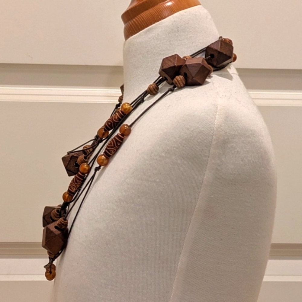 Vintage Boho 68" Super Long Brown and Black Wooden Bead Rope Necklace - Picture 3 of 9